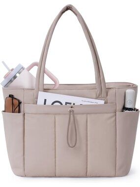 Women 02-beige Tote Bag with Cup Holder Laptop Sleeve Travel Work Bag